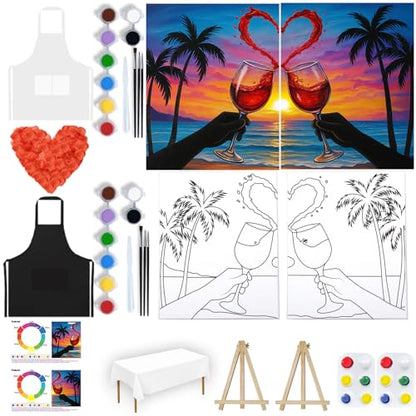 PAILIM 2 Pack Sip and Paint Kit for Adults Couples Painting Kit Pre Drawn Canvas to Paint at Home Date Night Party Favor Supplies Art Painting Set Couples Activity 8x10 Seaside Clink Glasses - style: Deluxe Painting Kit