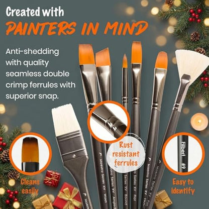 Professional Paint Brushes Set. Artist Paint Brush for Oil, Acrylic Painting on Canvas, Watercolor, Gouache. 15pc Travel Bag Brush Holder
