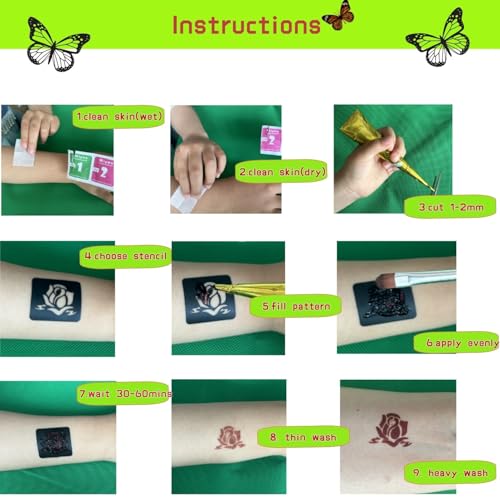 Temporary Tattoo Stencils Kit-Reusable 12 Large Sheets, 78 Unique Designs-6 Tattoo Cones 3 Colors (Brown/Black/Maroon) with Brush & Wipes for Adults, Teens, Beginners,Family Fun Party - color: A-6Pcs