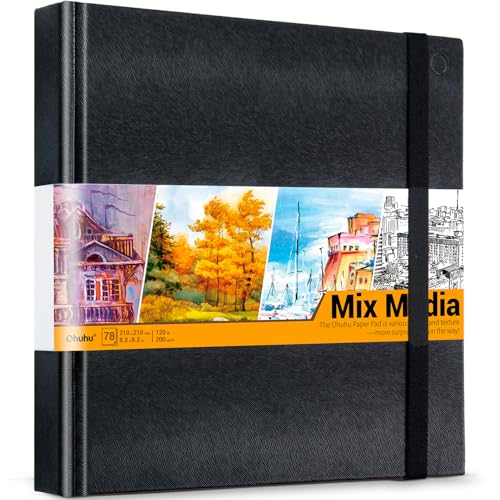 Ohuhu Mixed Media Pad - 8.3" x 8.3" Square Mix Media Sketchbook, 120 LB/200 GSM Heavyweight Papers, 78 Sheets/156 Pages, PU Hardcover Multi-Media Paper Pad for Acrylic Painting Christmas Gift - size: 8.3" x 8.3"