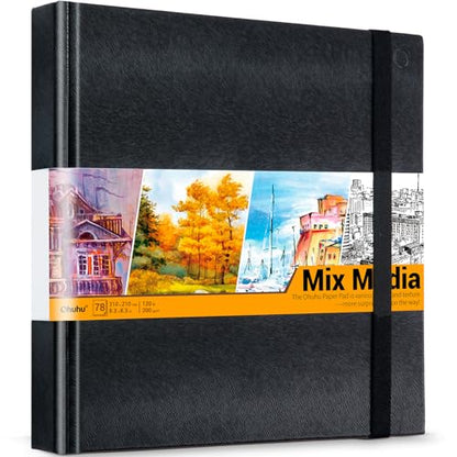 Ohuhu Mixed Media Pad - 8.3" x 8.3" Square Mix Media Sketchbook, 120 LB/200 GSM Heavyweight Papers, 78 Sheets/156 Pages, PU Hardcover Multi-Media Paper Pad for Acrylic Painting Christmas Gift - size: 8.3" x 8.3"