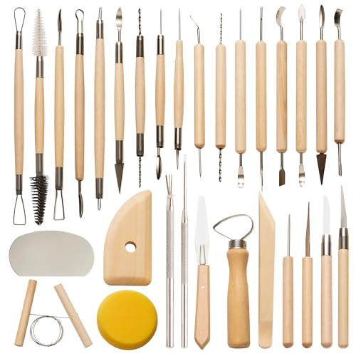 30 Pcs Clay Tools & Pottery Tools Kit, Professional Polymer Clay Sculpting Tools for Air Dry Clay, Ceramics Tools and Modeling Tools, Includes Wire Cutter, Ribbon Tool, Potter’s Rib & Clay Carving Set - size: Pack of 30