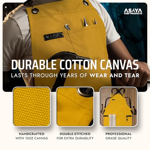 Asaya Chef and BBQ Apron with Bottle Opener and Hand Towel - 10oz Cotton Canvas, Stainless Steel Hardware - Cross Back Straps - color: Yellow