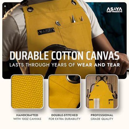 Asaya Chef and BBQ Apron with Bottle Opener and Hand Towel - 10oz Cotton Canvas, Stainless Steel Hardware - Cross Back Straps - color: Yellow