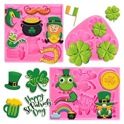 Whaline 3Pcs St. Patrick's Day Fondant Molds Shamrock Hat 3D Silicone Moulds Leprechauns Gnome Shoes Clover Shoes Pattern Resin Mold Cupcake Cookie Baking Decorating Mould for Irish Holiday DIY Candy - style: Shamrock