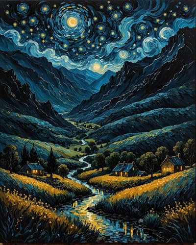 ldazao Paint by Numbers Kit for Adults Beginner, Starry Country Night Adult Paint by Number Kits On Canvas Adults' Paint-by-Number Kits DIY Oil Painting Kits for Gift Home Wall Art Decor 16x20 Inch - color: DD048