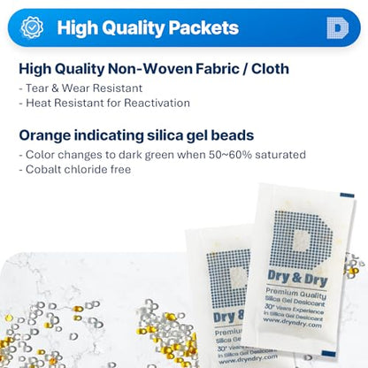 Dry & Dry 10 Gram [60 Packets] Orange Indicating Silica Gel Packets Desiccants Silica Packets - Rechargeable Moisture Absorbers for Food Storage, Electronics, 3D Filament & Safes - size: 10 Gram