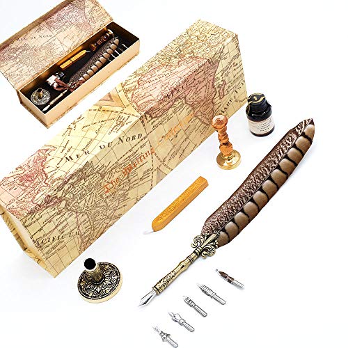 Antique Quill Pen Unique Half-Patterned Feather Pen Set with 6 Nibs 1 Bottle of Ink 1 Seal Stamp 1 Pen Holder 1 Sealing Wax LL-149