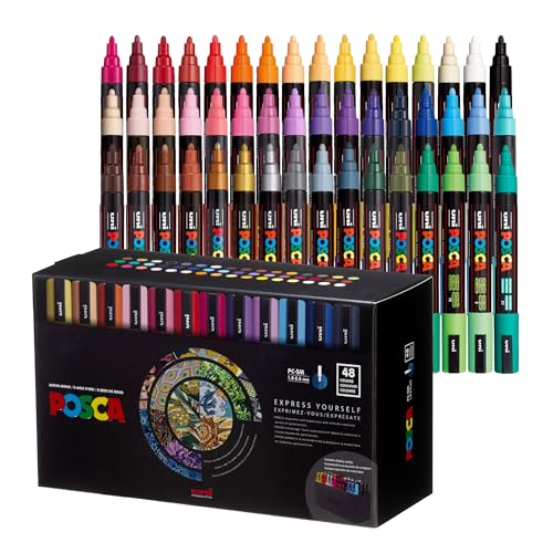 POSCA PC-5M Water-Based Paint Markers, Medium Point (1.8-2.5mm), Assorted Colors, 48 Pack with Display Caddy - size: 1 Count (Pack of 48), style: Round Tip