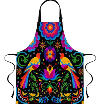 Mexican Floral Apron with 2 Pockets, Adjustable Apron for Cooking Baking BBQ Painting, Gifts for Women Men - color: Black-niao