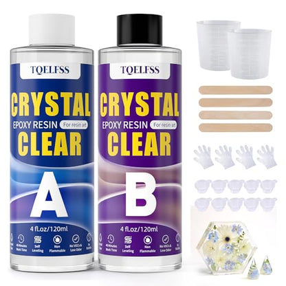 TQELFSS Epoxy Resin Kit 8 OZ, Clear Epoxy Resin (4 OZ×2), Fast Curing, Self Leveling, No Yellowing Casting Resin for Jewelry Making, Resin Molds, Flower Preservation, Easy Mix 1:1 - size: 8oz