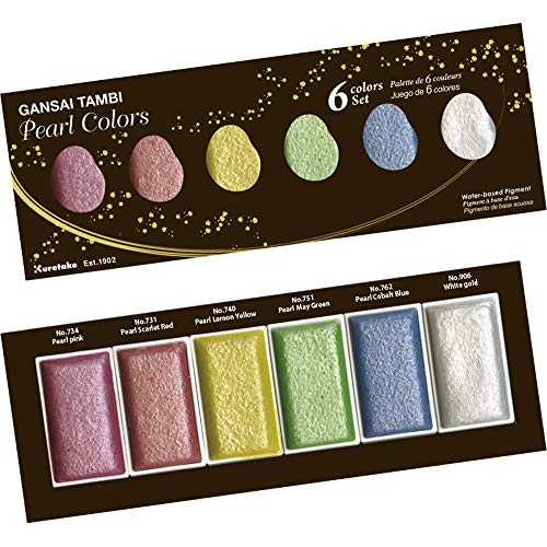 Kuretake GANSAI TAMBI PEARL COLORS, 6 colors set, Watercolor paint for Professional, for artists and crafters,Illustrations, Drawing, Lettering, Made in Japan - style: Pearl