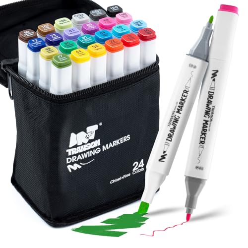 TRANSON Alcohol Markers for Drawing Coloring 24 Colors Dual-tip Fine and Chisel Tips - style: 24 Colors Chisel and Fine
