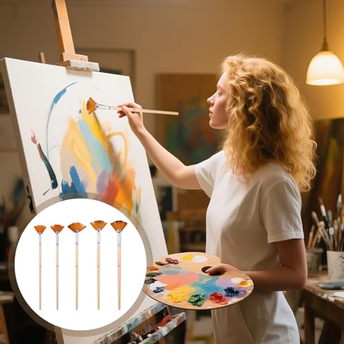 Fan Brush for Painting, 5 Pcs Fan Brush Set Long Wood Handle Paint Brushes Soft Anti-Shedding Professional Artist Painting Brushes for Acrylic Oil Watercolor Gouche Kits(2#, 4#, 6#, 8#, 10#)