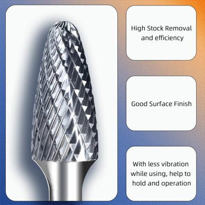 SF-5 Carbide Burrs 1/4 Shank Tree Shape Radius End Double Cut 1/2" Cutting Diameter 1" Cutting Length Tungsten Carbide Rotary Files Burrs Tools for Metal Cutting & Wood Carving - style: SF-5