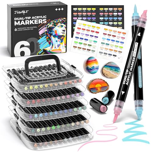 JusArt 60 Colors Automatic Ink Control Acrylic Paint Markers,Dual Tip with Broad Tip and Brush Tip Pens for Ceramic, Wood, Canvas, Glass, Stone, Fabric, DIY Crafts Art Supplies Kit for Adult - color: 60 Colors