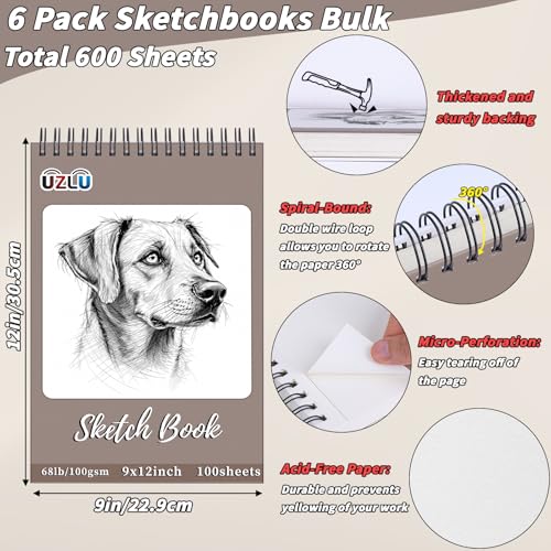 6 Pcs Sketchbook Bulk 9 x 12 In 600 Sheets Top Spiral Bound Sketch Pad Drawing Paper 100 Sheets Each Acid Free Mixed Media Sketch Book 68lb/100gsm Art Supplies for Beginner Artist - size: 9x12in, style: Total 600 sheets-6pcs
