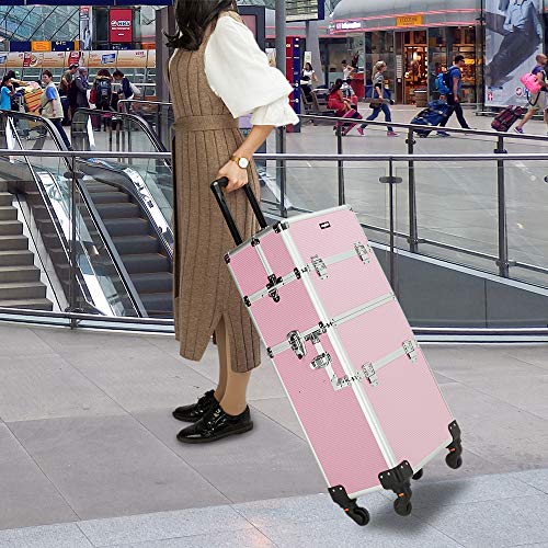 mefeir 2 in 1 Rolling Makeup Train Case, Makeup Travel Organizer Cosmetology Case, Aluminum Cosmetic Display Suitcase on Wheels, Beauty Storage Luggage Lockable w/4 Removable Wheels (Pink) - color: 2IN1 Pink
