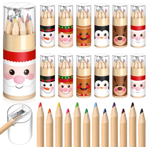 12 Set Operation Christmas Gift Mini Drawing Colored Pencils Bulk with Sharpener 3.5" Small 12 Colors Travel Colored Portable Pencil for Xmas Adults Art Painting - style: Xmas