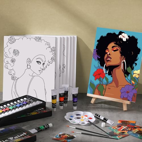 Cholemy 36 Pcs Paint and Sip Kit for Adults 8''x10'' Pre Drawn Canvas for Painting DIY Afro Acrylic Painting Kit Wood Easel Brushes Date Night Bulk for Summer 4th of July Party Gift(Sunshine Lady) - style: Sunshine Lady