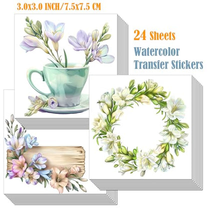 ZMRU 24 Sheets of Watercolor Style Rub on Transfers for Crafts - Perfect for Glass, Porcelain, Leather, Canvas, and Fabric Projects - IOD Transfers Included,3 * 3inch (Lily Magnolia) - style: Lily Magnolia