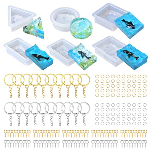 226Pcs Resin Keychain Molds Set - Triangle, Round, Square, Rectangle Ripple Pendant Molds with Keychain Accessories, Perfect Epoxy Resin Silicone Molds for DIY Jewelry Making - color: 226Pcs Ripple Pendant Molds