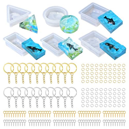 226Pcs Resin Keychain Molds Set - Triangle, Round, Square, Rectangle Ripple Pendant Molds with Keychain Accessories, Perfect Epoxy Resin Silicone Molds for DIY Jewelry Making - color: 226Pcs Ripple Pendant Molds