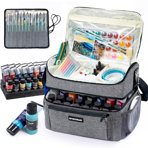 Acrylic Paint Organizer Bag with Washable Roll-Up Brush Holder, 2-Layer Art Supply Case, Large Craft Organizer with Foam Inserts for Apple Barrel, Shuttle Art, Caliart Art Supplies Storage Bag - color: Grey - Black, size: Double Layer