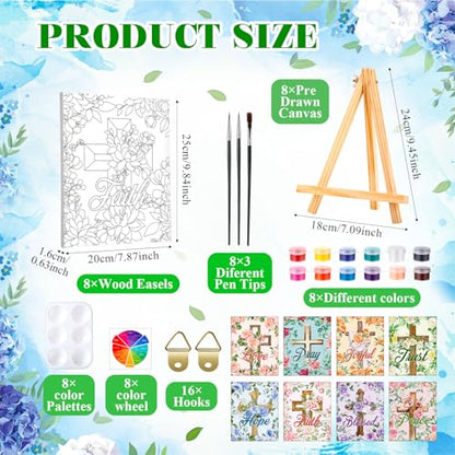 Humyoun 8 Sets 8" x 10" Inspirational Cross Pre Drawn Canvas to Paint for Sip and Paint Party Religious Predrawn Coloring Set Pre Sketched Canvas Boards with Paints and Brushes for Adult - style: Cross