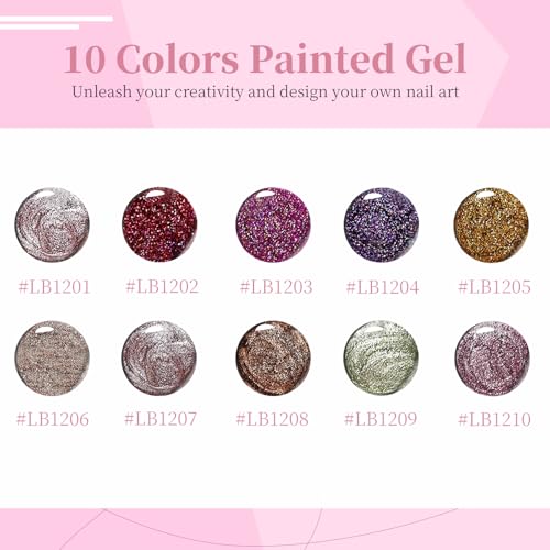 JODSONE Nail Art Gel Liner Set 10 Colors Glitter Purple Gold Green Gel Nail Polish Need U V Lamp Cured with Thin Brush at Home Salon Design,Gifts for Women - color: LB1201-LB1210