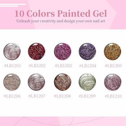 JODSONE Nail Art Gel Liner Set 10 Colors Glitter Purple Gold Green Gel Nail Polish Need U V Lamp Cured with Thin Brush at Home Salon Design,Gifts for Women - color: LB1201-LB1210