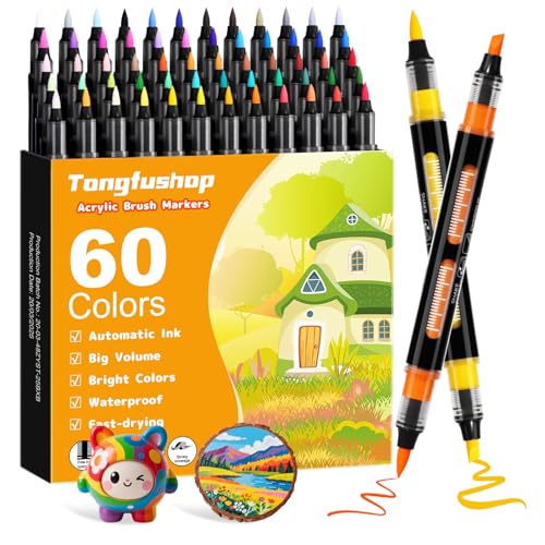 Tongfushop 60 Colors Acrylic Paint Markers, Water-Based Paint Pens with Auto Ink Control & Dual Tips - No Bleed on Rock Painting, Canvas, Wood, Ceramic, Glass - Adult & DIY Art Supplies