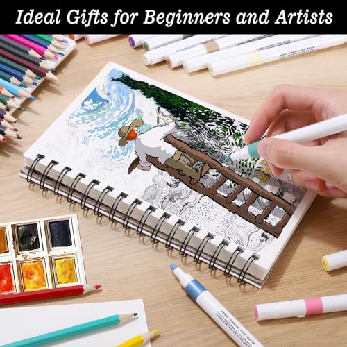 4 Pack Mixed Media Sketchbook, 5.5x8.5 inches Drawing Paper Sketch Book, 98lb/160gsm Heavyweight Spiral Bound Sketch Pads, Suitable for Wet and Dry Media, Drawing, Painting, Sketching(200 Sheets) | 160gsm acid-free paper, for dry and light wet media, lays