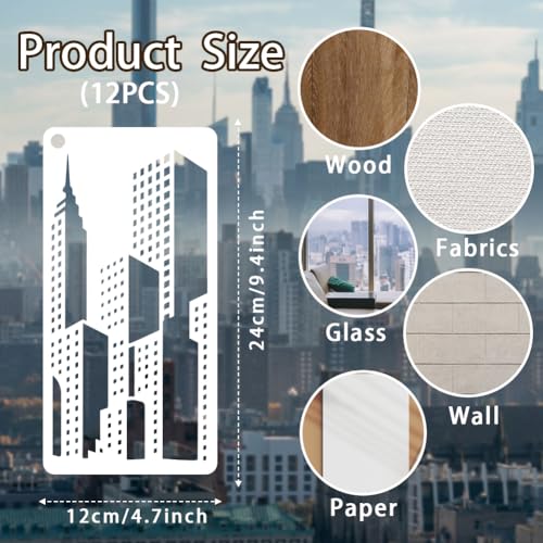 12 Sheets City Silhouette Stencils for Painting, 12 Styles Skyscraper Drawing Template Reusable City Buildings Templates for Painting on Canvas Wood Wall Home Decor - style: City Silhouette
