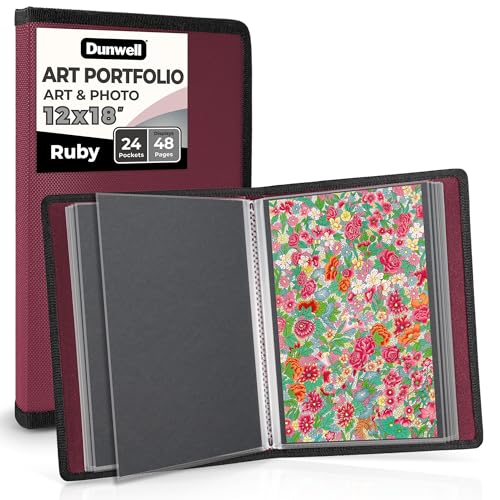 Dunwell 12x18 Art Portfolio Binder with Black Mounting Paper (Ruby), Large Portfolio Folder for Artwork Storage, 24 Sleeves Display 48 Pages, Acid-Free Poly 12 x 18 Presentation Book - color: Ruby, size: 12x18" w/ BLK Paper