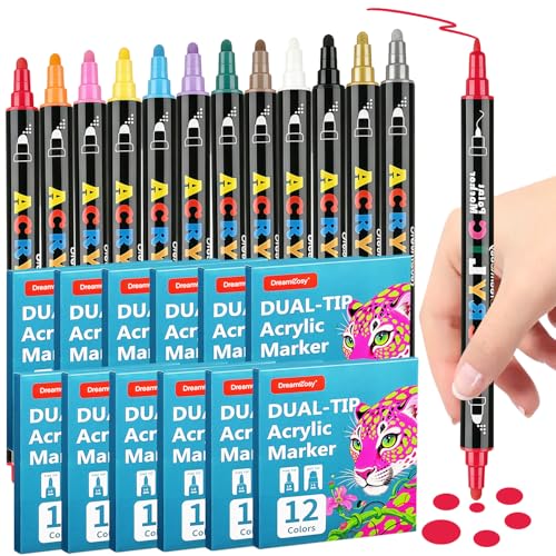 Acrylic Paint Markers, 144 Pack with 12 Colors Dual Tip Art Markers with Fine Tip & Dot Tip for Rock, Canvas, Wood, Non-Toxic Art Supplies for Adults, Classroom, DIY Crafts & Holiday Decorations