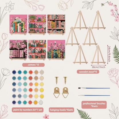YooNotee 6 Pack Paint by Numbers Kit for Adults Pink Bookshelf Adult Paint by Number Kits for Women on Canvas Book DIY Acrylic Painting on 8x8 Inch Canvas with Wooden Easels & Brushes, Home Wall Decor - style: Bookcase