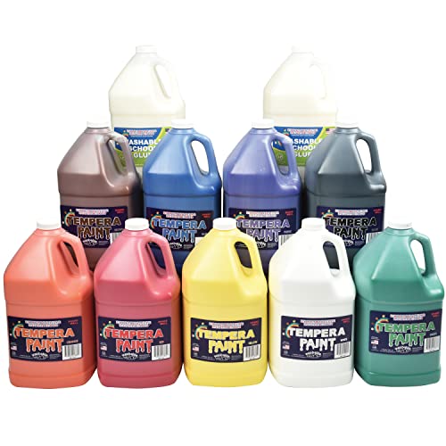 Constructive Playthings Kids 9-Color Tempera Paint Gallons and Washable School Glue Gallon Set, Washable Paints and Glue for Classrooms