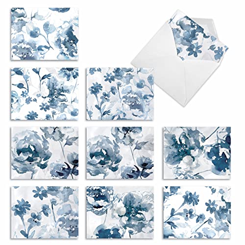The Best Card Company - 10 Boxed Note Cards with Flowers - Blank Assorted Floral Notecards Bulk (4 x 5.12 Inch) - Indigo Blooms M6597OCB - style: Indigo Blooms