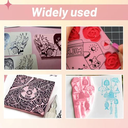 4 Pack Rubber Carving Blocks 4x6 Inch with Lino Cutter Tool Set, Soft Rubber Stamp Making Kit for Block Printing, Linoleum Blocks for Printmaking and DIY Stamp Crafts, Pink