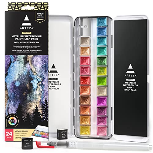 ARTEZA Metallic Watercolor Paint Set, 24 Shimmer Colors in Half Pans with Metal Tin and Water Brush Pen for Painting, Lettering, Calligraphy, Cards, Journals, and Art Projects - style: Metallic Paints, Set of 24