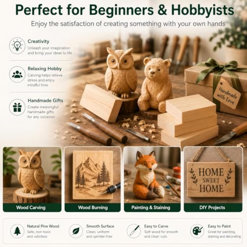 Unfinished Wood Blocks for Crafting, 3X5X1 Inch Wood Carving Blocks, 4 Pcs Solid Pine Wood Blocks for Craft DIY Wood Carving Painting Wall Decorations for Beginners and Adults - size: 3x5x1 Inch