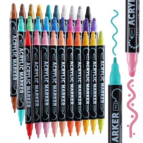 nauets 30 Colors Dual Tip Acrylic Paint Markers, Dot & Fine Tip Acrylic Paint Pens for Rock, Wood, Fabric, Canvas, Glass, Scrapbook, Paper, Ceramic, Egg, DIY Arts & Crafts Gift - School Supplies - style: 30 Colors