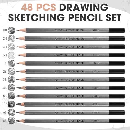 48 Pcs Drawing Sketching Pencil Set, Professional Drawing Pencils (10b - 6h) Graphite Sketch Pencil Artist Pencils Ideal for Beginners & Pro Artists, Drawing Art, Sketching, Shading Christmas Gifts