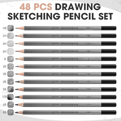 48 Pcs Drawing Sketching Pencil Set, Professional Drawing Pencils (10b - 6h) Graphite Sketch Pencil Artist Pencils Ideal for Beginners & Pro Artists, Drawing Art, Sketching, Shading Christmas Gifts