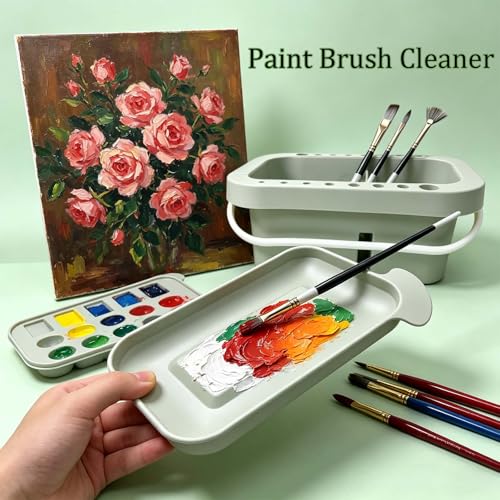 KYSWIMIH Paint Brush Cleaner - Paint Brush Holder with Palette and Handle, Paint Brush Holder & Organizer, Rinser & Storage for Acrylic, Watercolor & Water-Based Paints, Art Supply Washer with Trays