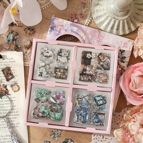 100 Sheets Transparent PET Scrapbooking Stickers, Vintage Stickers for Journaling Bullet Junk Journal, Scrapbooking Supplies Decals for Planners Collage Album Calendar Phone Case DIY Arts Crafts - color: Four Seasons of Time