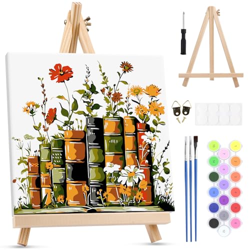 MXJSUA Vintage Books Wildflowers Framed Paint by Numbers for Adults Beginners, Easy Adults' Paint-by-Number Kits on Canvas with Easel, Acrylic Number Painting Crafts Gifts for Home Decor, 10x10 inch - color: Vintage Books Wildflowers