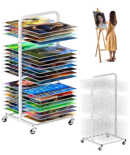 mocomax Art Drying Rack for Painting, Metal Paint Drying Stand with 40 Removable Shelves, Movable Paint Drying Rack with Lockable Wheels, Art Canvas Storage Rack for Classrooms & Art Studios, White - color: White, size: 40 Shelf without Board