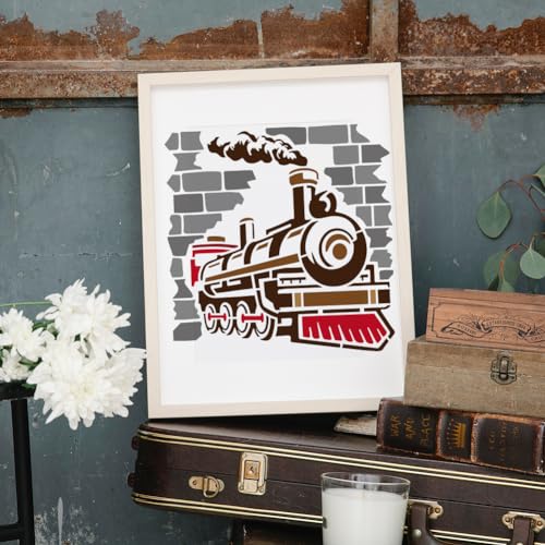 MAYJOYDIY Retro Train Stencil 11.8×11.8inch Large Train Steam Engine Locomotive Stencils with Paint Brush Brick Wall Railway Transportation Vehicle Template for DIY Craft Furniture Wood Canvas Paper - color: Train